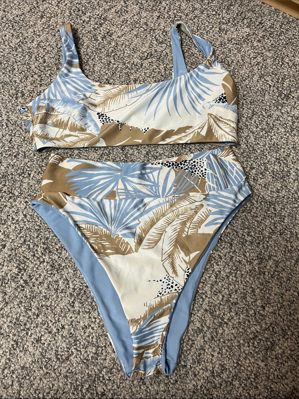 aerie Light Blue & Tan Tropical Print High-Cut Bikini Bottom